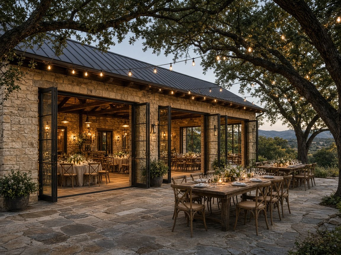 Limestone reception hall with glass doors and string-lit patio (concept rendering)