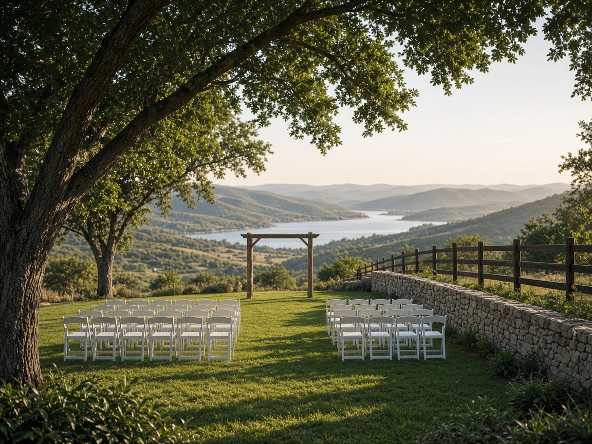 Oak-shaded ceremony lawn with lake view (concept rendering)