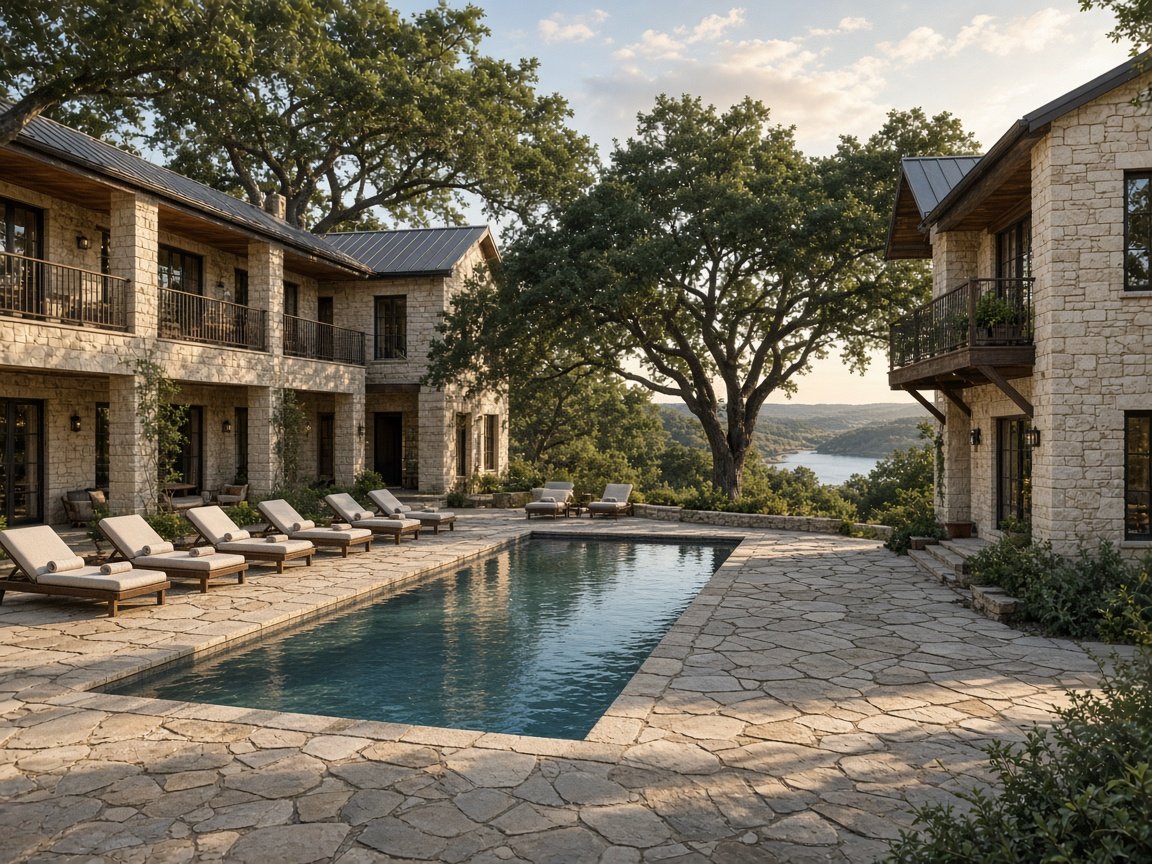 Hotel pool courtyard under live oaks (concept rendering)